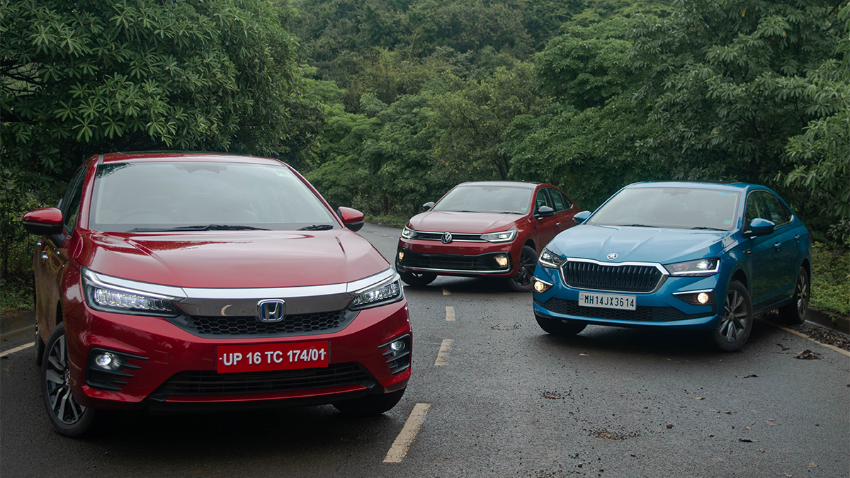 Honda City e:HEV hybrid vs Volkswagen Virtus vs Skoda Slavia comparison review